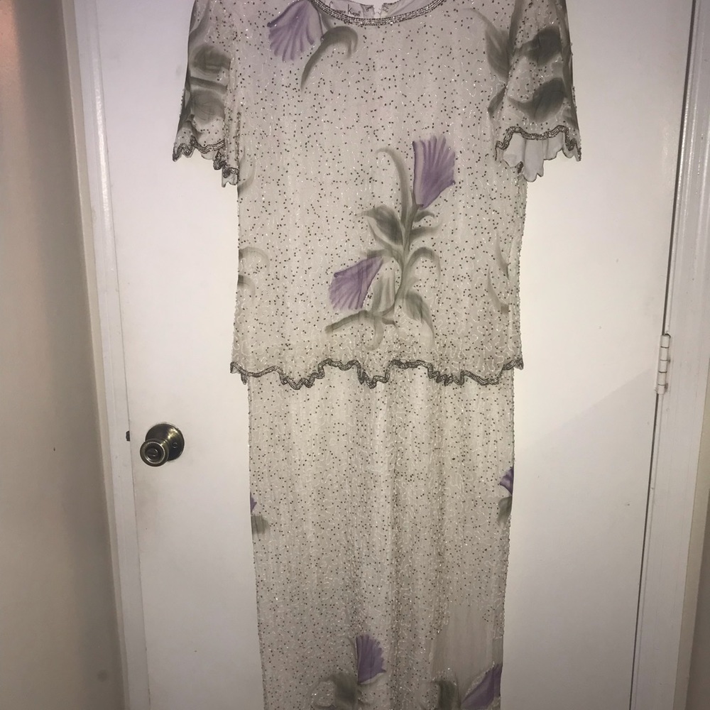 Vintage Laurence Kazar Short Sleeve Long Dress 14W Beaded Silk